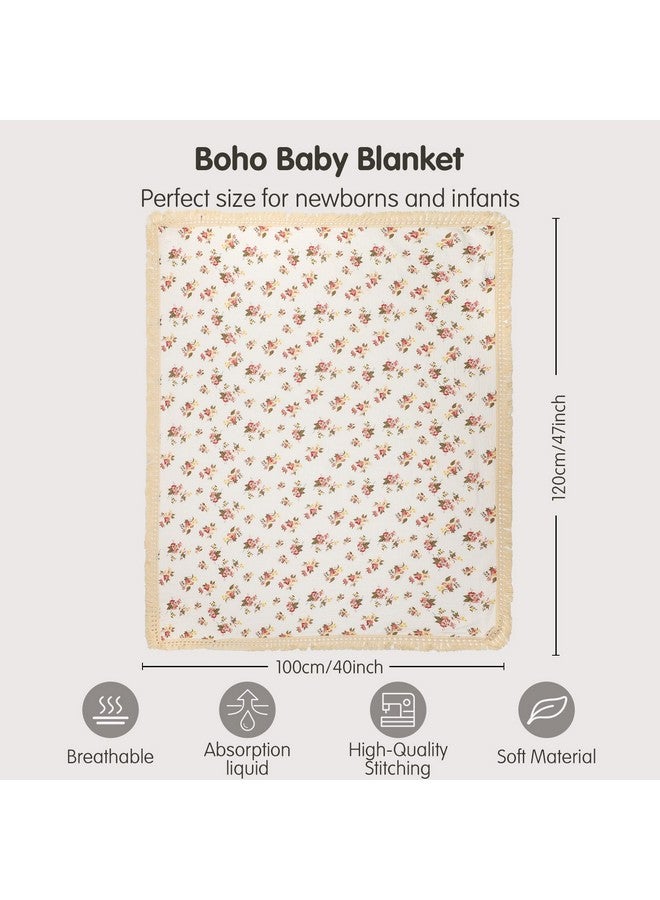 insular Cotton Muslin Baby Blanket with Tassel, Boho Bohemian Muslin Swaddle Blanket Baby Receiving Blanket with Fringe, Nursery Decor Throw or Nursing Blankets, 47" x40”, Floral - Image 5