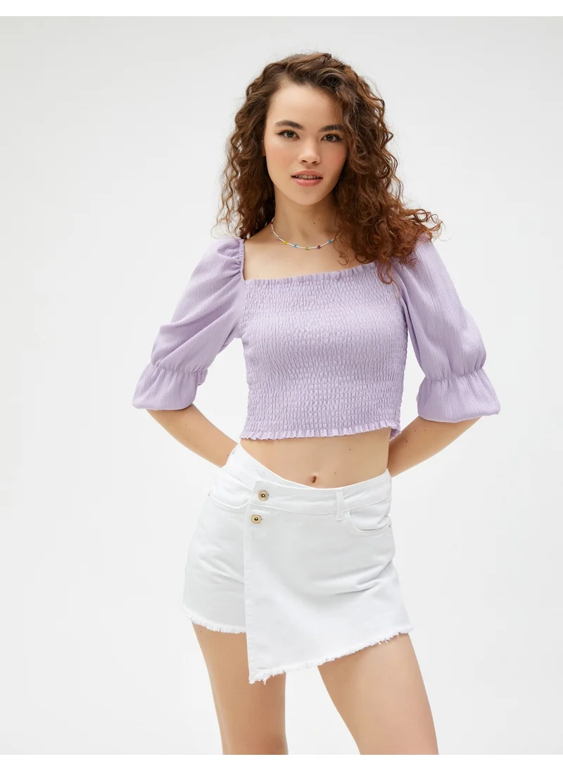 KOTON Crop T-Shirt Gimped Balloon Sleeve Square Neck