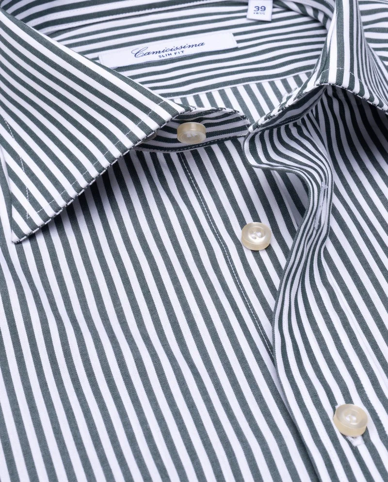 كاميتشسما Striped Dark Green Poplin Fancy Slim Shirt