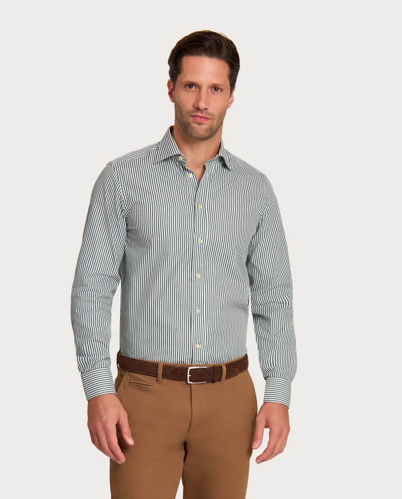 كاميتشسما Striped Dark Green Poplin Fancy Slim Shirt