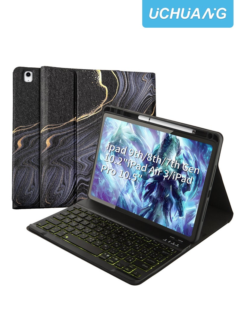 UCHUANG Keyboard Case for iPad 9th/8th/7th Gen 10.2 inch/iPad Air 3/iPad Pro 10.5 inch - 7 Lighting Effect Detachable for iPad Case with Keyboard, Marble Cover with Pencil Holder - Black - Image 1