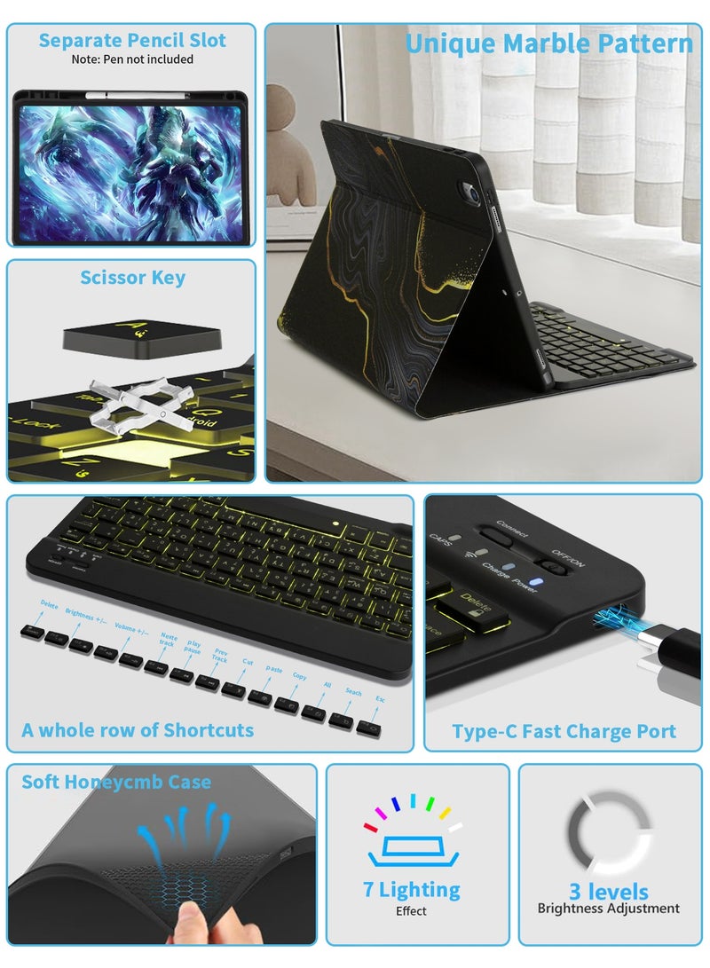 UCHUANG Keyboard Case for iPad 9th/8th/7th Gen 10.2 inch/iPad Air 3/iPad Pro 10.5 inch - 7 Lighting Effect Detachable for iPad Case with Keyboard, Marble Cover with Pencil Holder - Black - Image 5