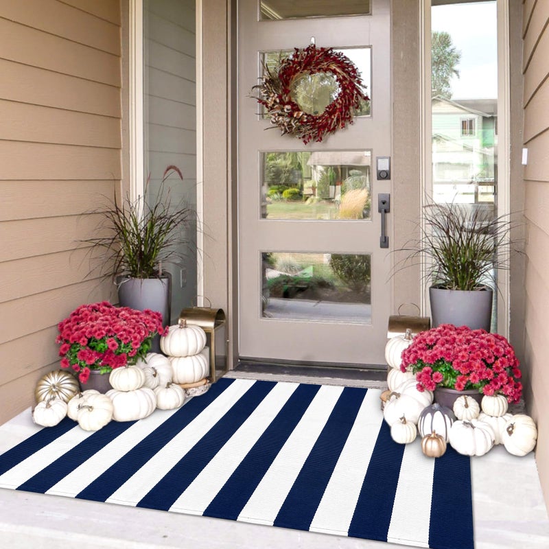 IOHOUZE Navy White Striped Rug -27.5" X 43" Front Door Mats Outdoor,Washable Rug for Front Porch Decor,Spring Summer Welcome Mats Outdoor Indoor, Doormat for Farmhouse/Entryway/Home Entrance - Image 1