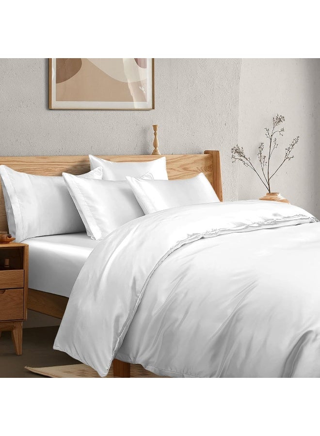 Manyshofu 6Pcs Pure White Satin Duvet Cover Set Queen Size with Satin Fitted Sheet - Not Comforter, Silky Comforter Cover Set Satin Duvet Bed Sheets - Image 1