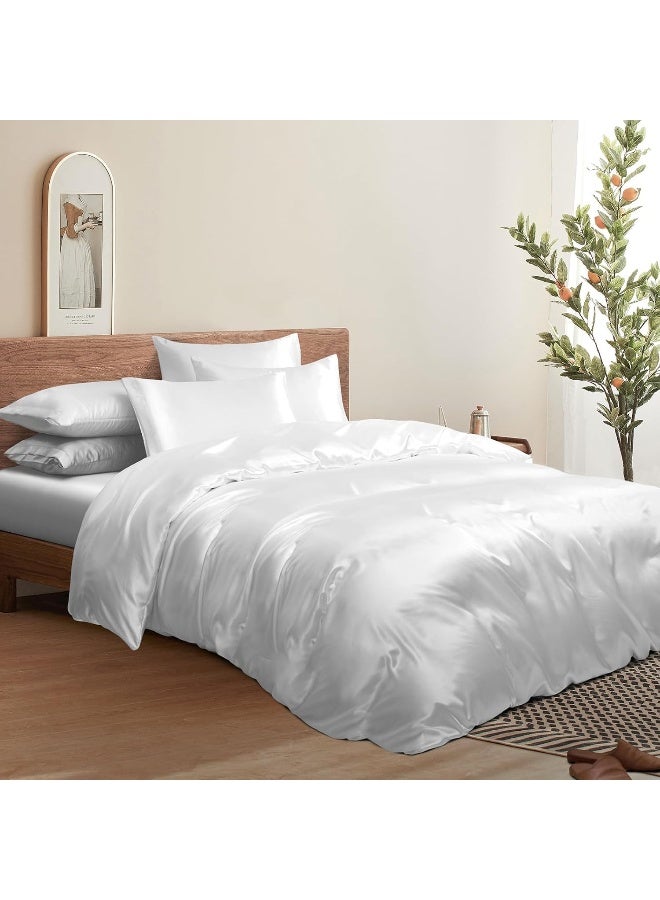 Manyshofu 6Pcs Pure White Satin Duvet Cover Set Queen Size with Satin Fitted Sheet - Not Comforter, Silky Comforter Cover Set Satin Duvet Bed Sheets - Image 2