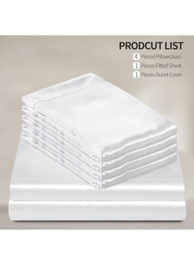 Manyshofu 6Pcs Pure White Satin Duvet Cover Set Queen Size with Satin Fitted Sheet - Not Comforter, Silky Comforter Cover Set Satin Duvet Bed Sheets - Image 4