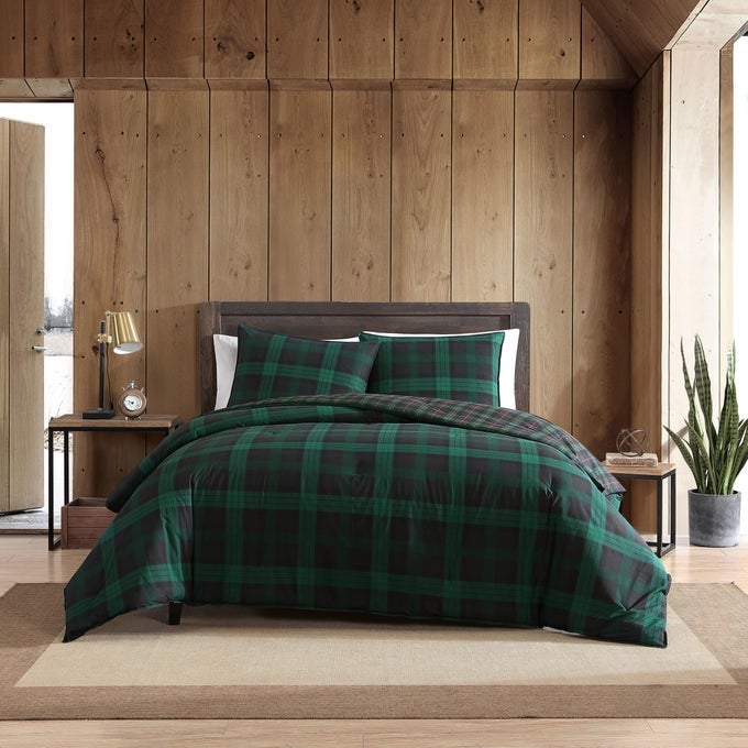 KING COMFORTER SET COTTON REVERSIBLE BEDDING WITH MATCHING SHAMS STYLISH PLAID HOME DECOR WOODLAND TARTAN GREEN KING