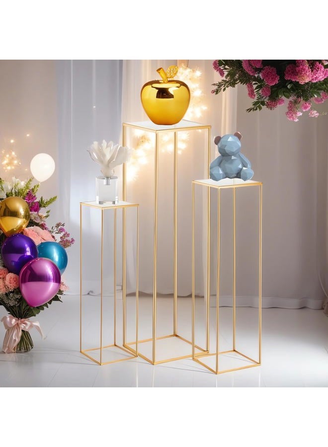 Kapaga 3pcs Gold Metal Plant Stand, Cylinder Pedestal Stands for Parties, Metal Plant Columns Pedestal Stands for Display, Square Cylinder Columns tables for Weddings Cake Stand Floor Plant Tables - Image 1