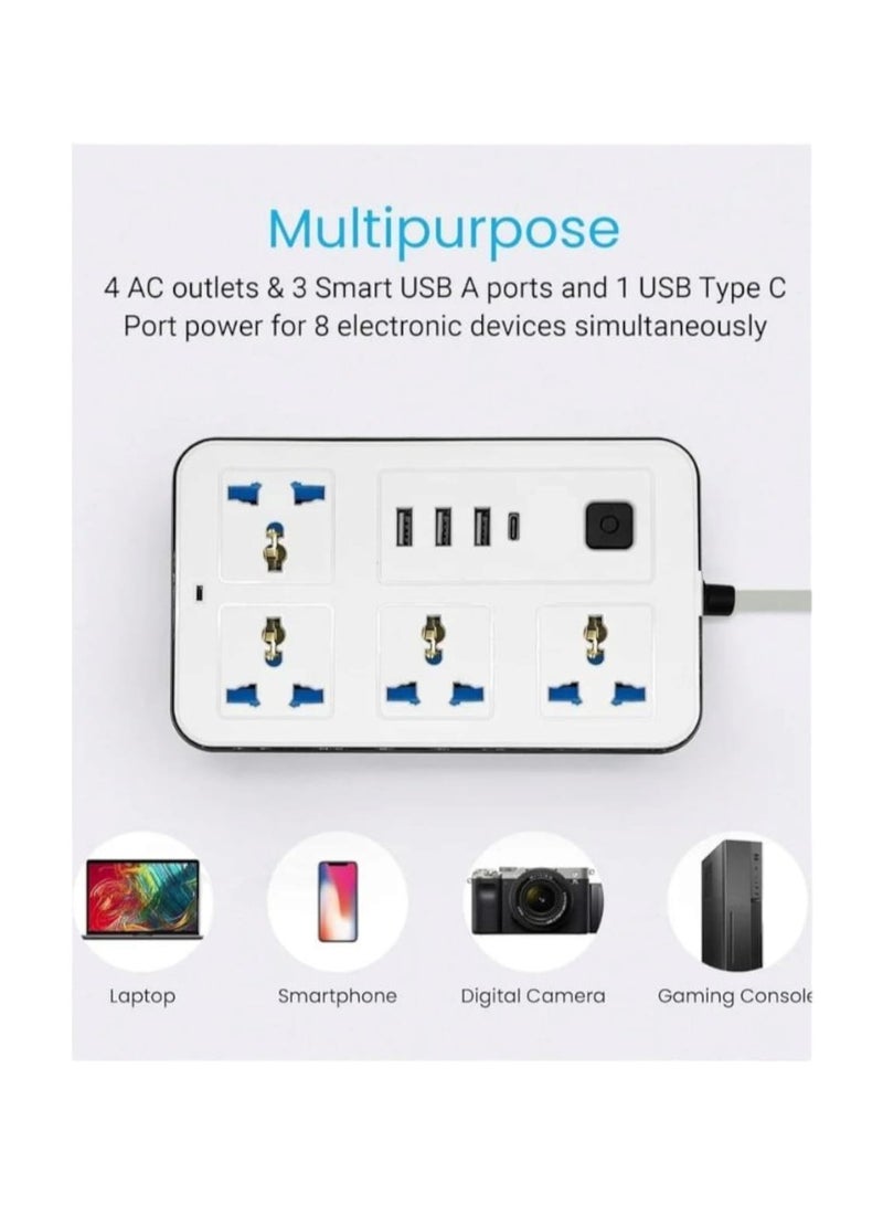 Extension Socket with 4 Power Socket and 3 USB Slots, 4 Way Power Strip with USB type C  Charging slot, Extension Lead 5 meter - White - Image 2