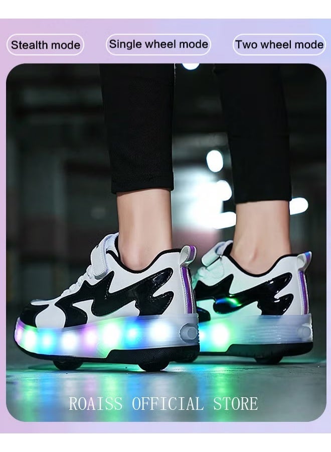 Kids Unisex Double Wheel Roller Skates LED Light Multimode Adjustable Rechargeable Low Top Velcro Sneakers for Children Boys and Girls Teenagers Outdoors Luminous Shoes with Detachable Roll Wheels - Image 3