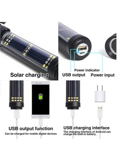 Glozzeria - Glozzeria Multi Function Flash LightUSB Rechargeable Solar Powered Flashlight with Glass BreakerSeatbelt CutterPhone Charger Car LED Tactical Flashlight for Emergencies Rechargeable - Image 1