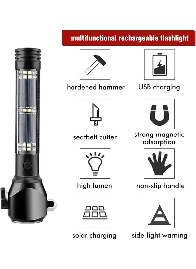Glozzeria - Glozzeria Multi Function Flash LightUSB Rechargeable Solar Powered Flashlight with Glass BreakerSeatbelt CutterPhone Charger Car LED Tactical Flashlight for Emergencies Rechargeable - Image 1