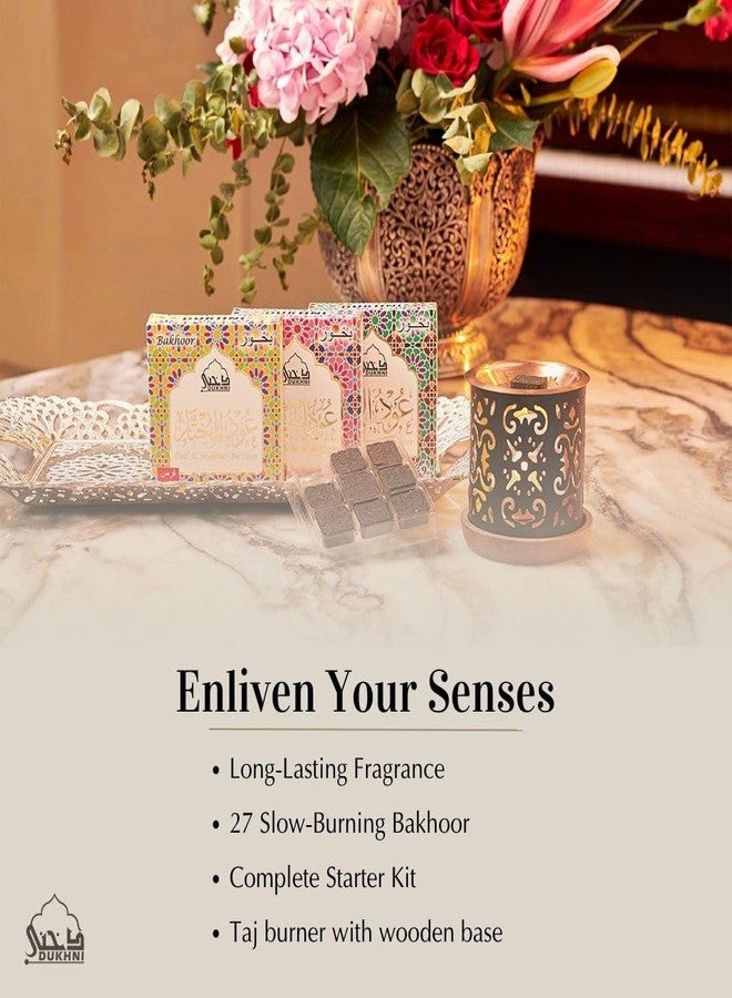 DUKHNI Oud Al Mukhtar, Qamar, Habayeb Bakhoor by Dukhni - (3 Trays x 9 piece Each) & Taj Exotic Burner | Perfect for Prayer & Meditation. Great Gift for Ramadan & Eid - Image 2