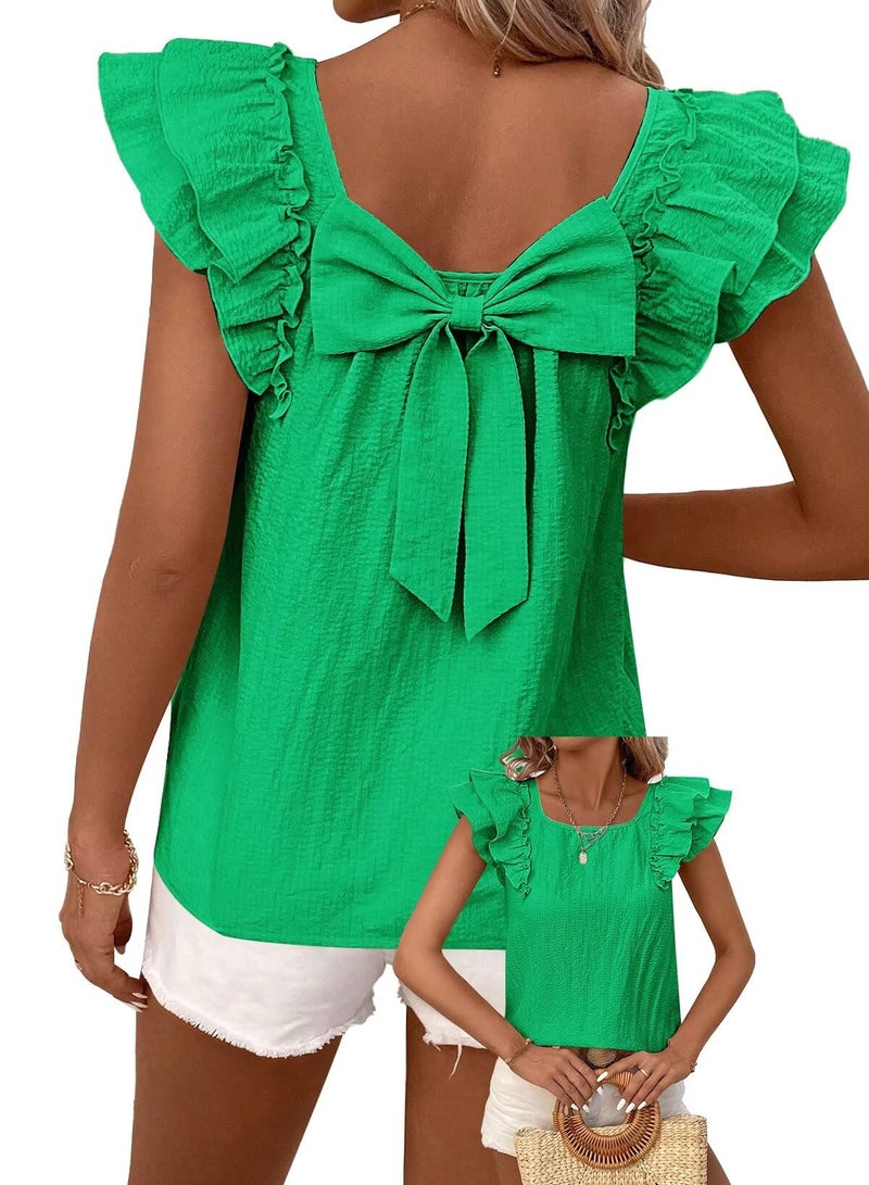 Falechay Summer Cute Womens Tops Women Going Out Sexy Bow Tie Back Blouse Babydoll Ruffle Sleeve Wrinkles Shirts Fashion Crewneck Clothing Trendy Short Butterfly Sleeves Flowy Plus Bright Green Tee XL - Image 1