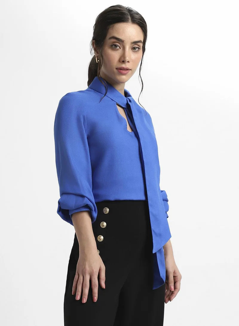 Dennis Lingo Women's Blue Viscose Moss Solid Pattern Regular Fit Tops