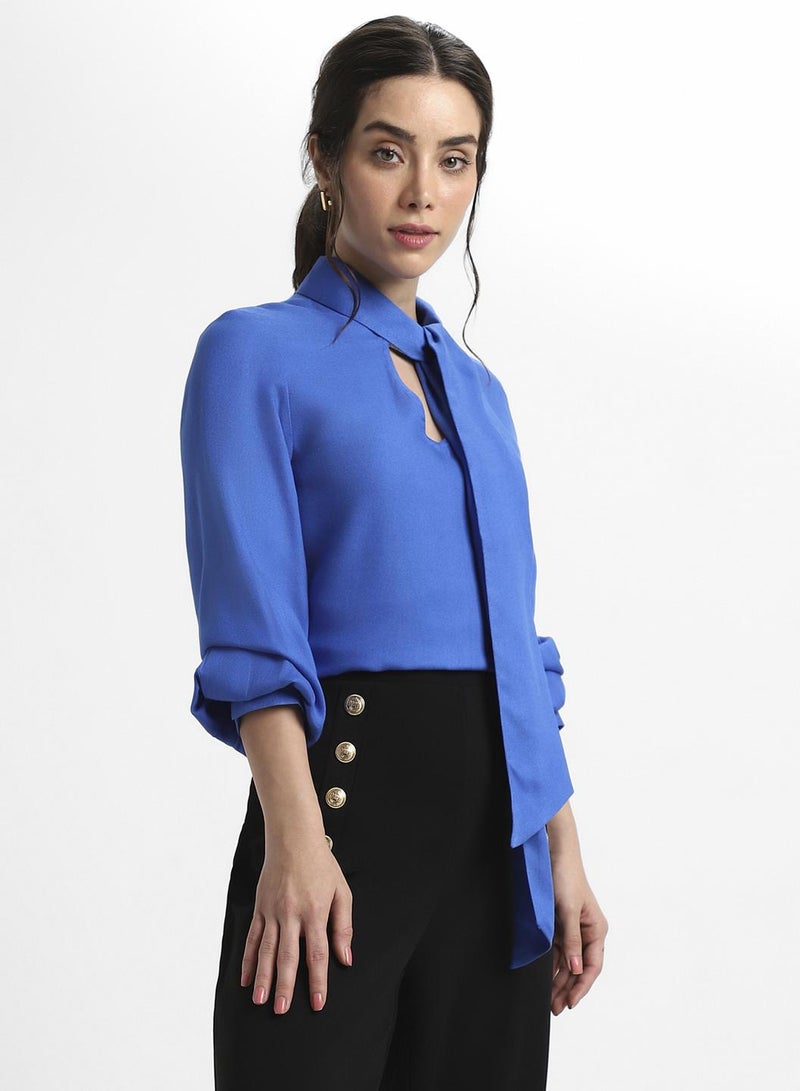 Dennis Lingo Women's Blue Viscose Moss Solid Pattern Regular Fit Tops - Image 3