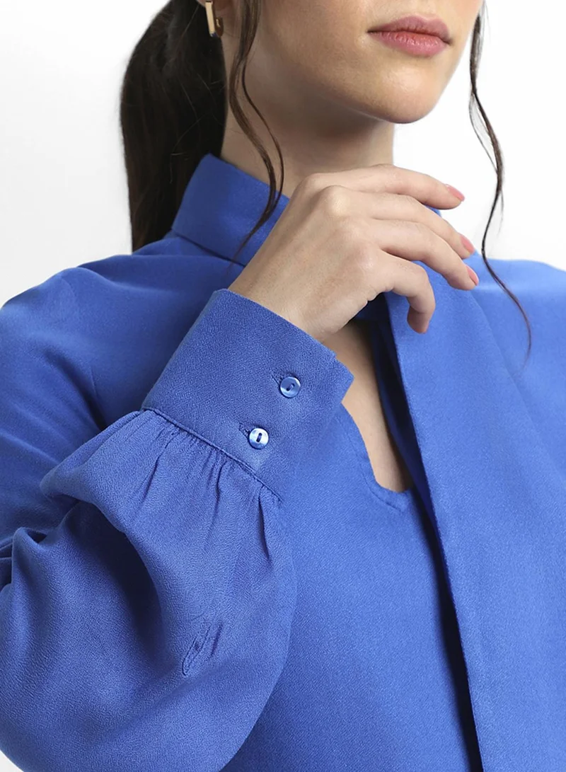 Dennis Lingo Women's Blue Viscose Moss Solid Pattern Regular Fit Tops