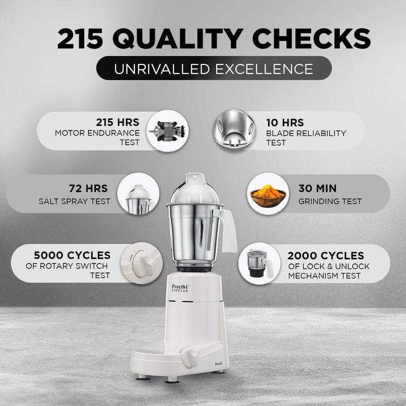 بريثي Preethi Popular Mixer Grinder for Kitchen | 750-Watt L-shaped Mixie, 3 jars | 5yr Motor Warranty & Lifelong Free Service| White (MG 142) 1.7 L 750 W MG-142 white - Image 5
