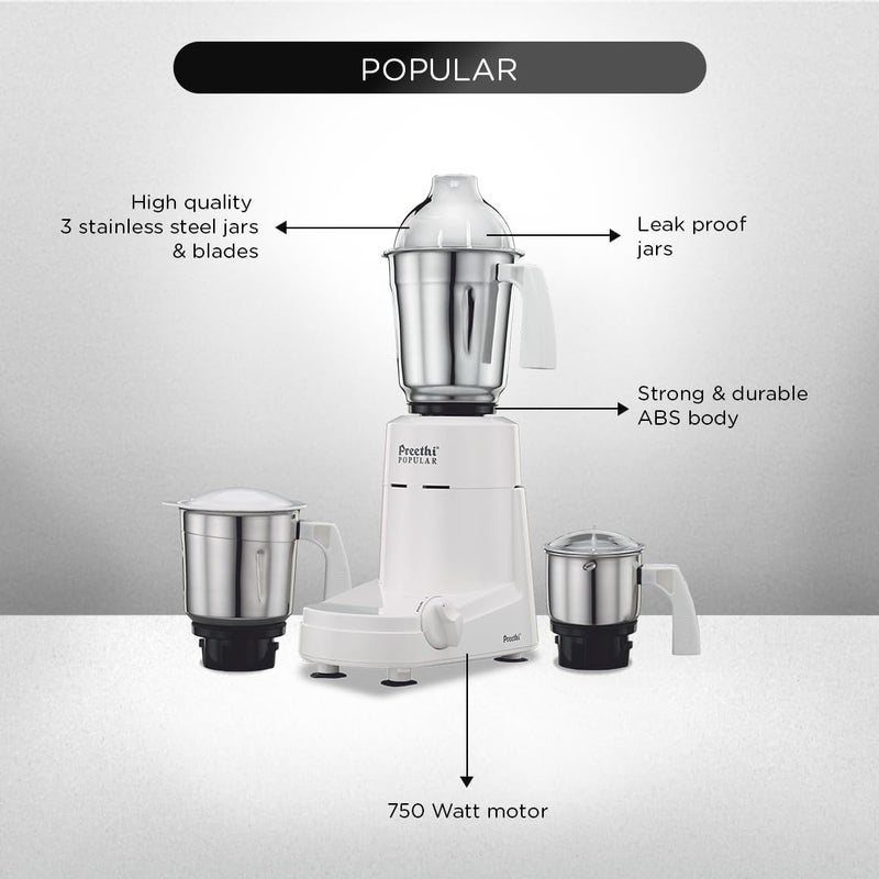 بريثي Preethi Popular Mixer Grinder for Kitchen | 750-Watt L-shaped Mixie, 3 jars | 5yr Motor Warranty & Lifelong Free Service| White (MG 142) 1.7 L 750 W MG-142 white - Image 4