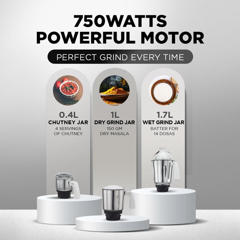 بريثي Preethi Popular Mixer Grinder for Kitchen | 750-Watt L-shaped Mixie, 3 jars | 5yr Motor Warranty & Lifelong Free Service| White (MG 142) 1.7 L 750 W MG-142 white - Image 3