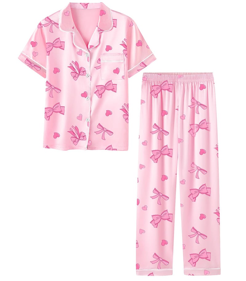 Umeyda Girls' Pajama Sets, Satin Silky Pjs 2 Pcs Short Sleeve Long Pants Soft Comfort Lounge Sleep Set, Pink Bowknot Heart, 9-10 Years = Tag 150 - Image 1