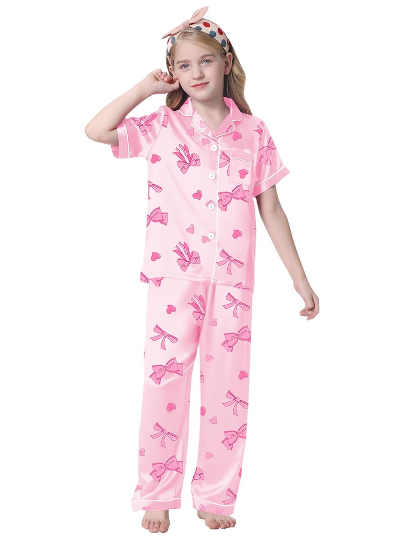 Umeyda Girls' Pajama Sets, Satin Silky Pjs 2 Pcs Short Sleeve Long Pants Soft Comfort Lounge Sleep Set, Pink Bowknot Heart, 9-10 Years = Tag 150 - Image 2