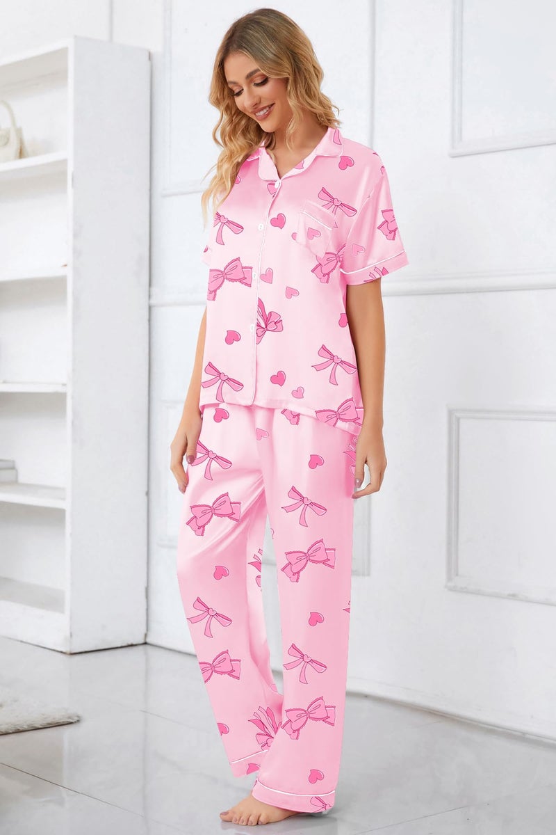 Umeyda Girls' Pajama Sets, Satin Silky Pjs 2 Pcs Short Sleeve Long Pants Soft Comfort Lounge Sleep Set, Pink Bowknot Heart, 9-10 Years = Tag 150 - Image 5