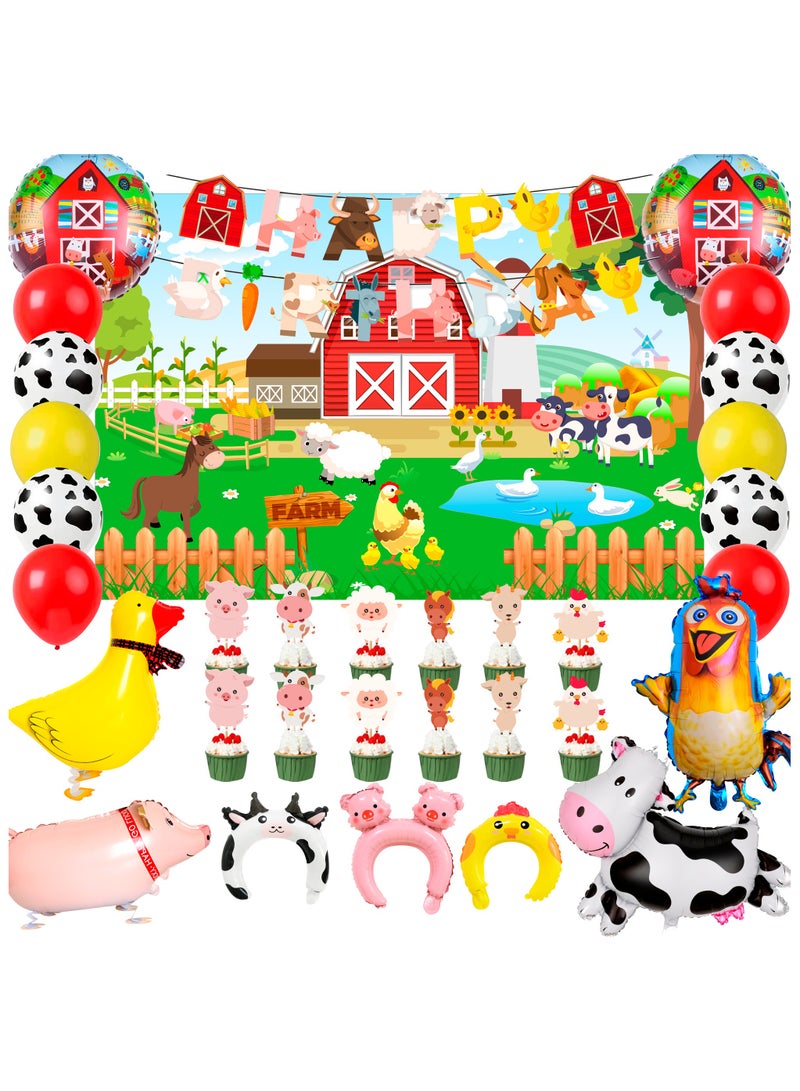 FRUITFUL PARTY 50pcs Farm Animal Birthday Decorations, Including Farm Animal Balloons Backdrop Cupcake Toppers Head Hoop  - Image 1