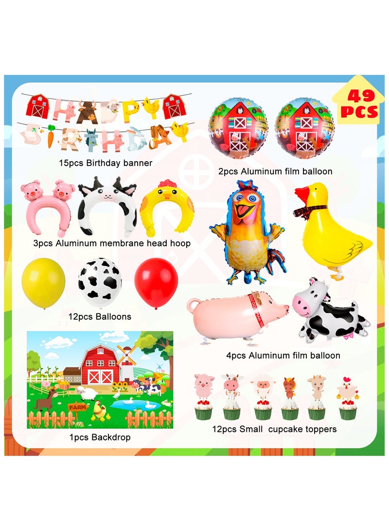 FRUITFUL PARTY 50pcs Farm Animal Birthday Decorations, Including Farm Animal Balloons Backdrop Cupcake Toppers Head Hoop  - Image 2