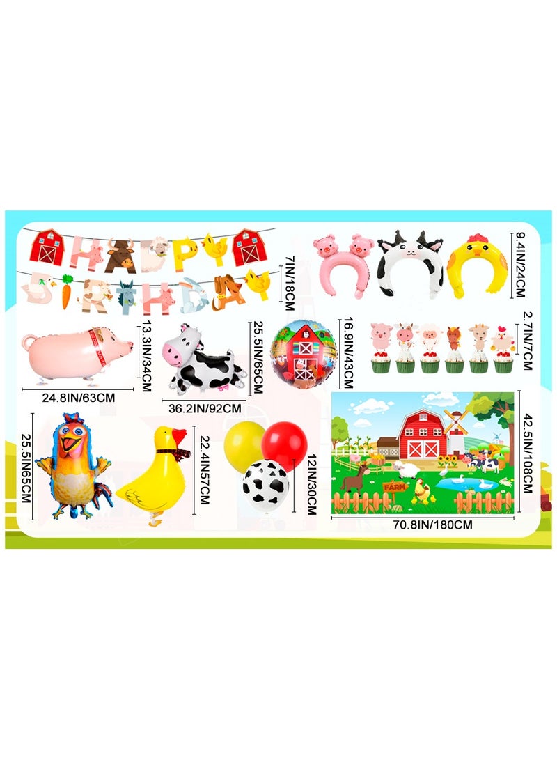 FRUITFUL PARTY 50pcs Farm Animal Birthday Decorations, Including Farm Animal Balloons Backdrop Cupcake Toppers Head Hoop  - Image 3