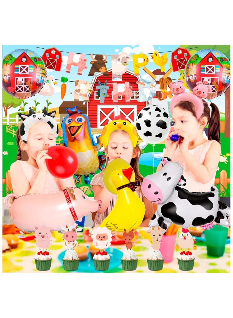 FRUITFUL PARTY 50pcs Farm Animal Birthday Decorations, Including Farm Animal Balloons Backdrop Cupcake Toppers Head Hoop  - Image 4