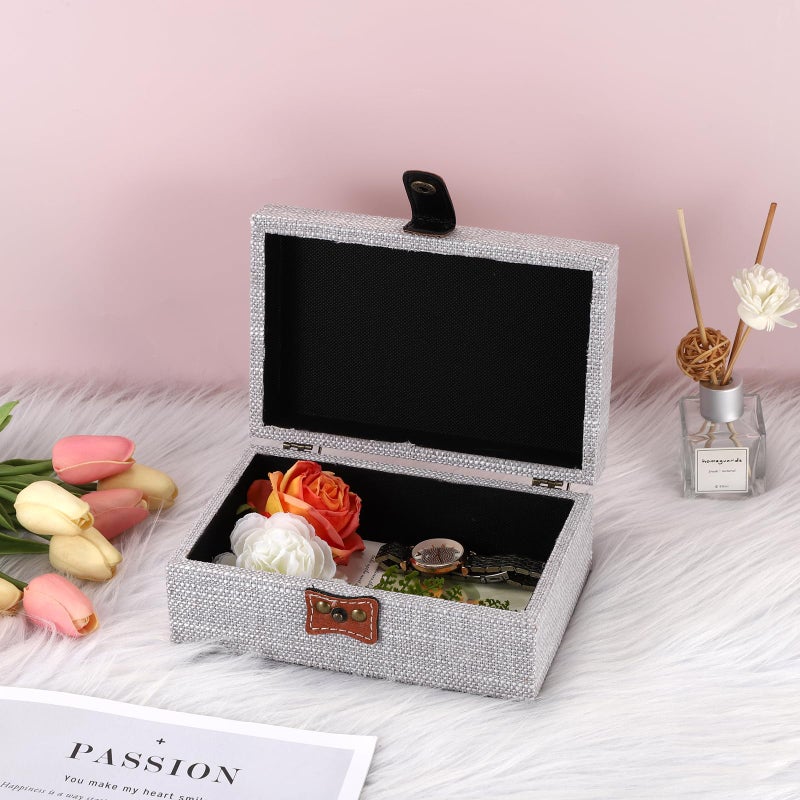 Hipiwe Jewelry Storage Box Treasure Chest Wooden Box with Linen Covered Rectangular Gray Keepsake Case with Clasp Dcorative Photo Storage Organizer for Women Gift, Small - Image 2
