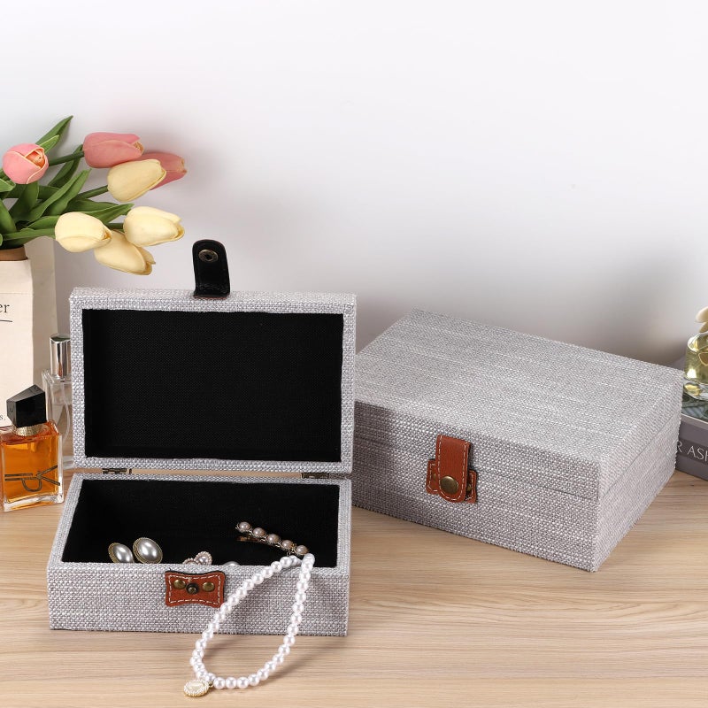 Hipiwe Jewelry Storage Box Treasure Chest Wooden Box with Linen Covered Rectangular Gray Keepsake Case with Clasp Dcorative Photo Storage Organizer for Women Gift, Small - Image 5