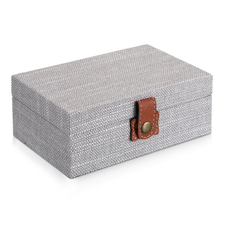 Hipiwe Jewelry Storage Box Treasure Chest Wooden Box with Linen Covered Rectangular Gray Keepsake Case with Clasp Dcorative Photo Storage Organizer for Women Gift, Small - Image 1