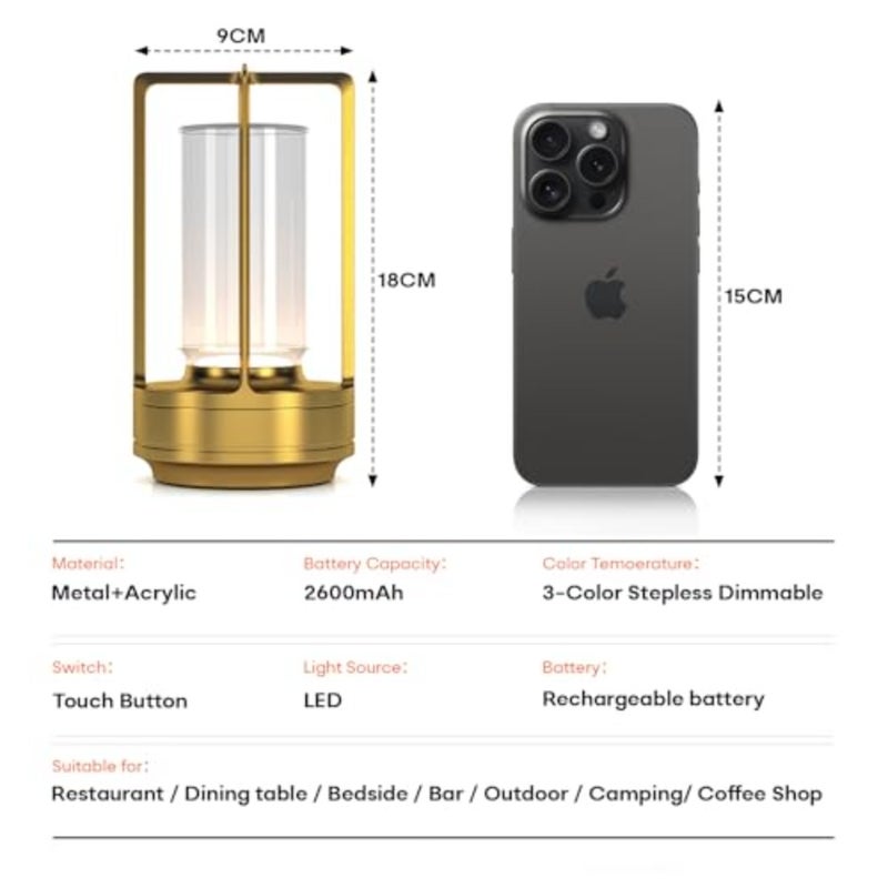 Portable Metal Table Lamp for Indoor/Outdoor, Rechargeable Cordless LED Lamp, 3-Colour Infinitely Dimming Battery Powered Small Desk Lamp, Restaurant/Bedroom/Bar/Coffee/Camping Light Gold - Image 5