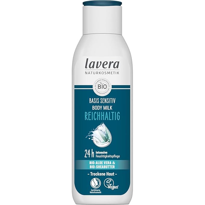 lavera Basis Sensitiv Body Milk Rich - Natural Cosmetics - Vegan - Organic Aloe Vera & Organic Shea Butter - 24 Hours Intensive Moisturiser - PETA Certified - Biodegradable - Body Milk - 250 ml - Image 1