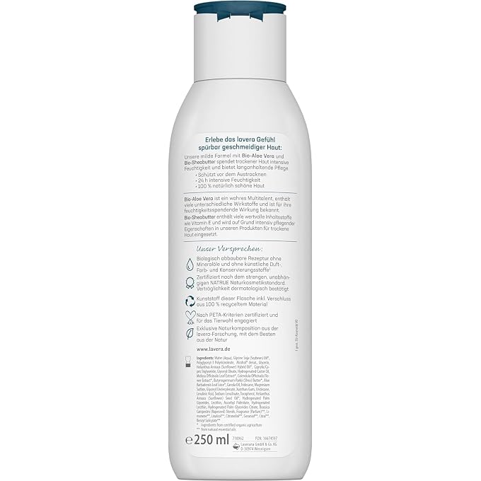 lavera Basis Sensitiv Body Milk Rich - Natural Cosmetics - Vegan - Organic Aloe Vera & Organic Shea Butter - 24 Hours Intensive Moisturiser - PETA Certified - Biodegradable - Body Milk - 250 ml - Image 2