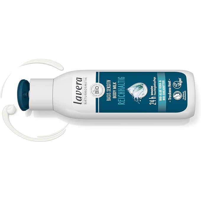 lavera Basis Sensitiv Body Milk Rich - Natural Cosmetics - Vegan - Organic Aloe Vera & Organic Shea Butter - 24 Hours Intensive Moisturiser - PETA Certified - Biodegradable - Body Milk - 250 ml - Image 3