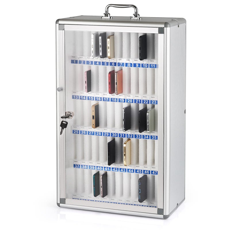 Ozzptuu 60 Slots Aluminum Alloy Pocket Chart Storage Cabinet for Cell PhonesWallMounted with a LockedCan be Carried by Hand 60 Slots