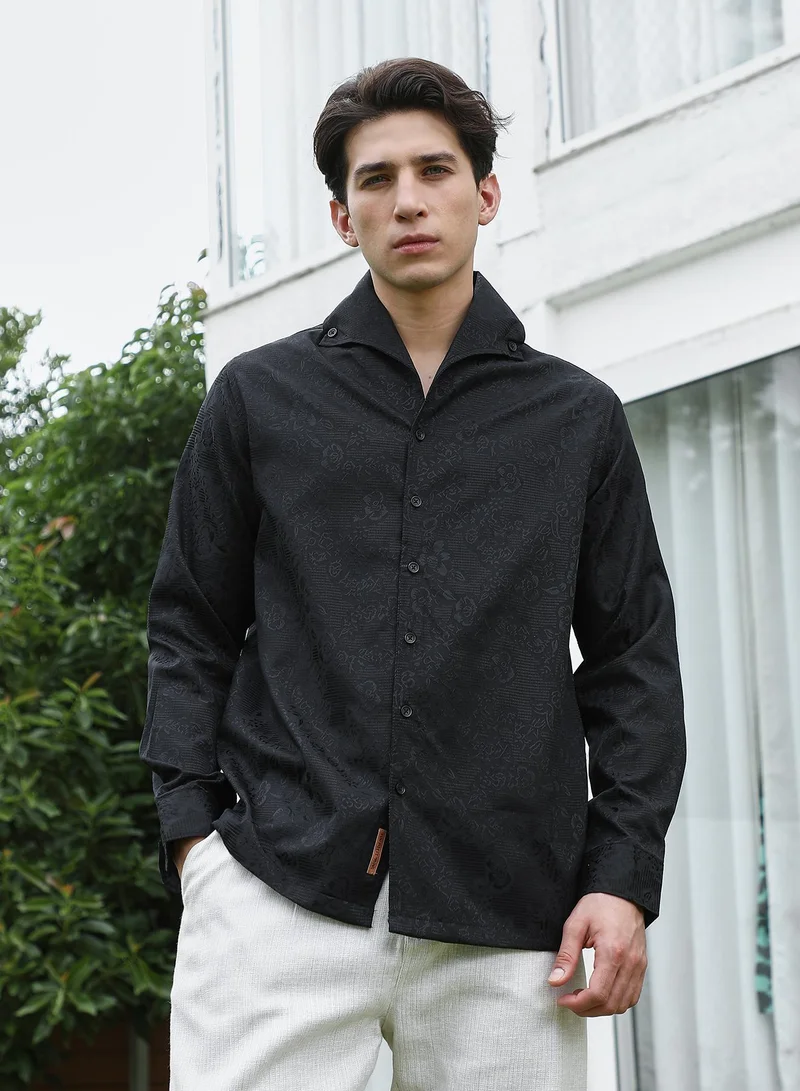 Campus Sutra Men's Black Floral Self Design Full Sleeve Shirt
