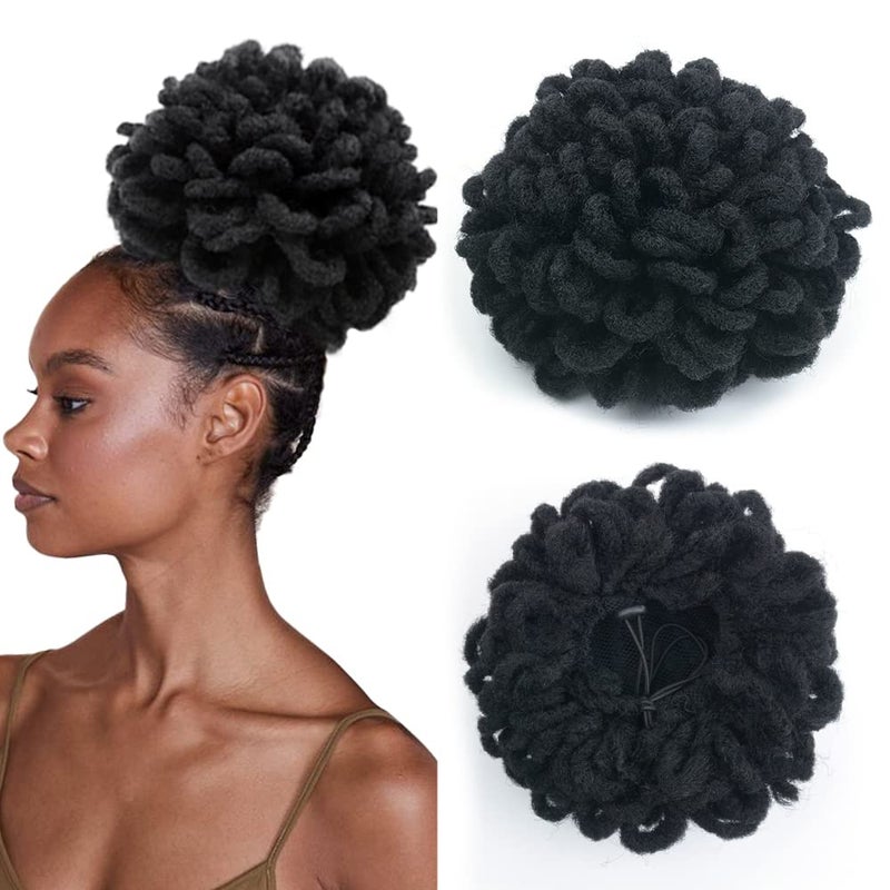 KGBFASS 10inch Large Locs Drawstring Ponytail Curly Dreadlock Buns Loc Petal Bun Braided Faux Locs Chignon Scrunchies Clip in on Braids Ponytails Hairpiece for Black Women1B