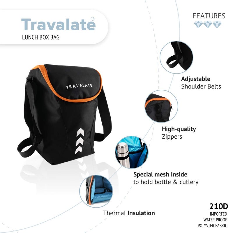 TRAVALATE Waterproof Lunch Bag for Office Men and Women Thermally Insulated Tiffin Bag Black Orange Polyester 12 litres - Image 3
