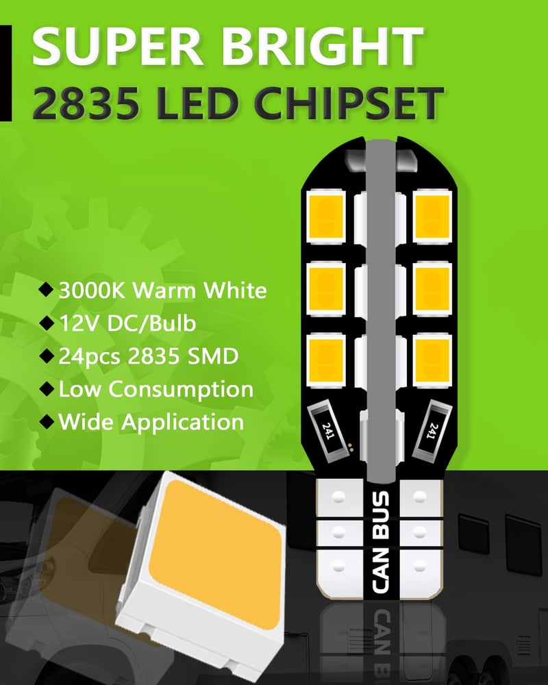 UNXMRFF - 921 922 912 RV Interior LED Light Bulbs Super Bright 24-SMD Warm White, T10 194 LED Bulb Replacement 12V Car Dome Map lights, RV Light, Trailer Boat Motorhome camper light bulbs, Pack of 20 - Image 2