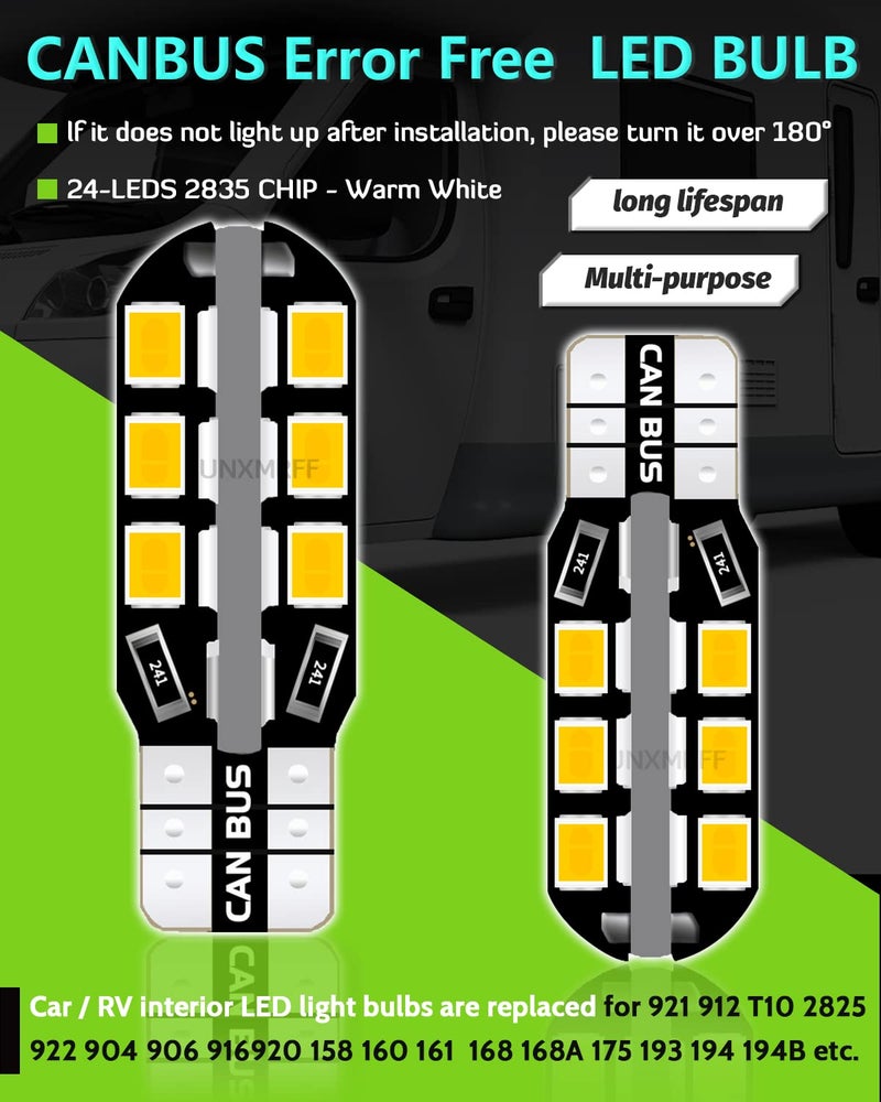 UNXMRFF - 921 922 912 RV Interior LED Light Bulbs Super Bright 24-SMD Warm White, T10 194 LED Bulb Replacement 12V Car Dome Map lights, RV Light, Trailer Boat Motorhome camper light bulbs, Pack of 20 - Image 5