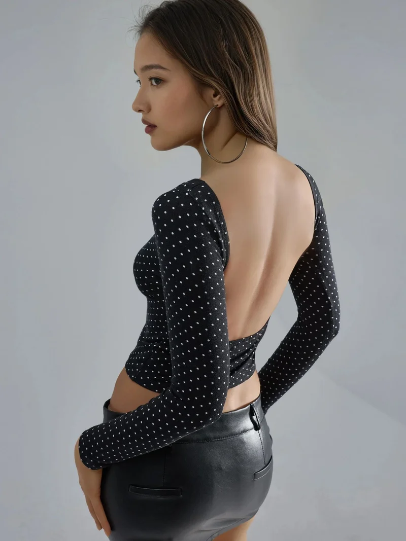 Busem BUSEM Polka Dot Slim Fit Crop Blouse with Back Detail