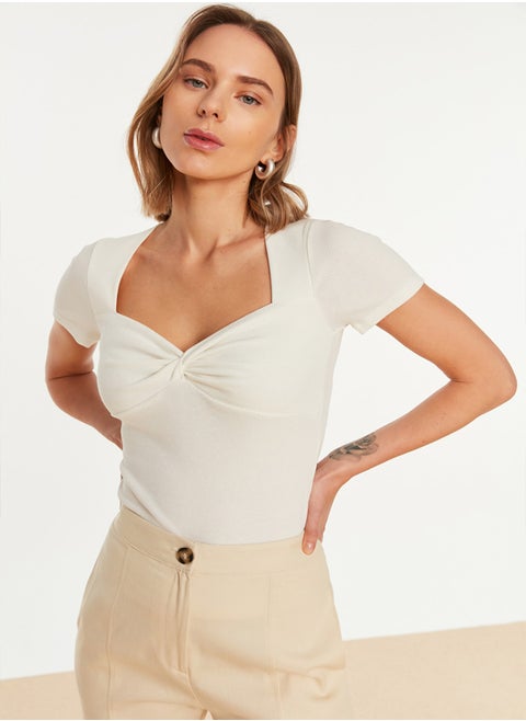 Ecru Fitted Sweetheart Neck Corduroy Knitted Stretch Blouse TWOSS22BZ1221