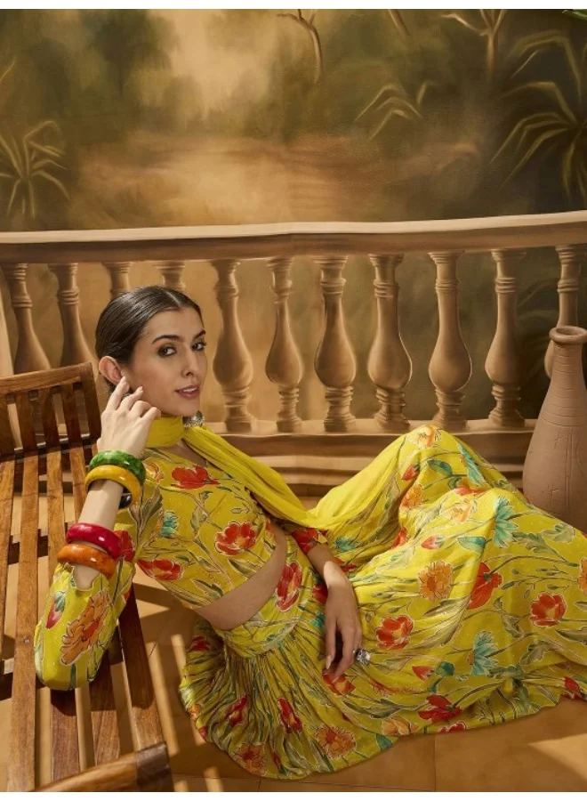 أيه كيه إس Mustard Floral Print Chinnon Lehenga Choli With Dupatta