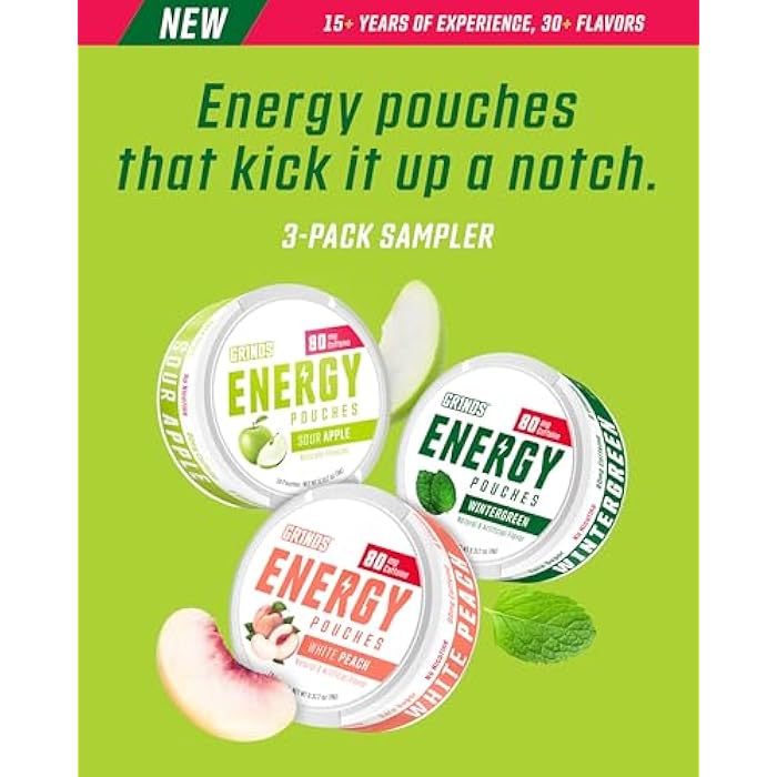 GRINDS Energy Pouches - Natural Caffeine Pouches - Contains B-Vitamins, Sugar-Free, & 0 Calories - 80mg of Caffeine in Each Pouch - Wintergreen, Peach, & Sour Apple - 3 Pack, 15 Pouches Per Can - Image 3