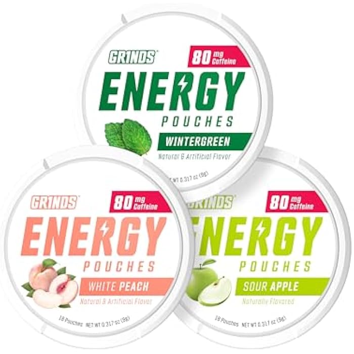 GRINDS Energy Pouches - Natural Caffeine Pouches - Contains B-Vitamins, Sugar-Free, & 0 Calories - 80mg of Caffeine in Each Pouch - Wintergreen, Peach, & Sour Apple - 3 Pack, 15 Pouches Per Can - Image 1