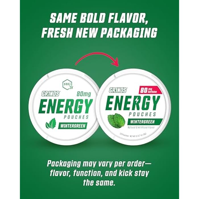 GRINDS Energy Pouches - Natural Caffeine Pouches - Contains B-Vitamins, Sugar-Free, & 0 Calories - 80mg of Caffeine in Each Pouch - Wintergreen, Peach, & Sour Apple - 3 Pack, 15 Pouches Per Can - Image 2